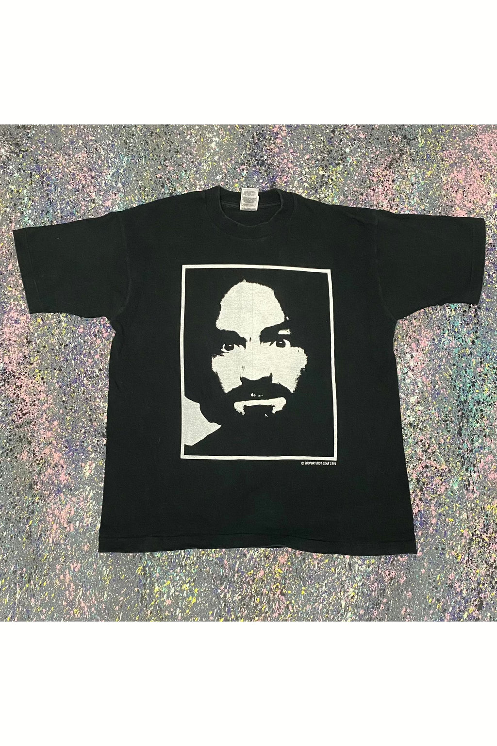 Vintage 1991 Zooport Riot Gear Charles Manson Charlie Don't Surf Tee- L