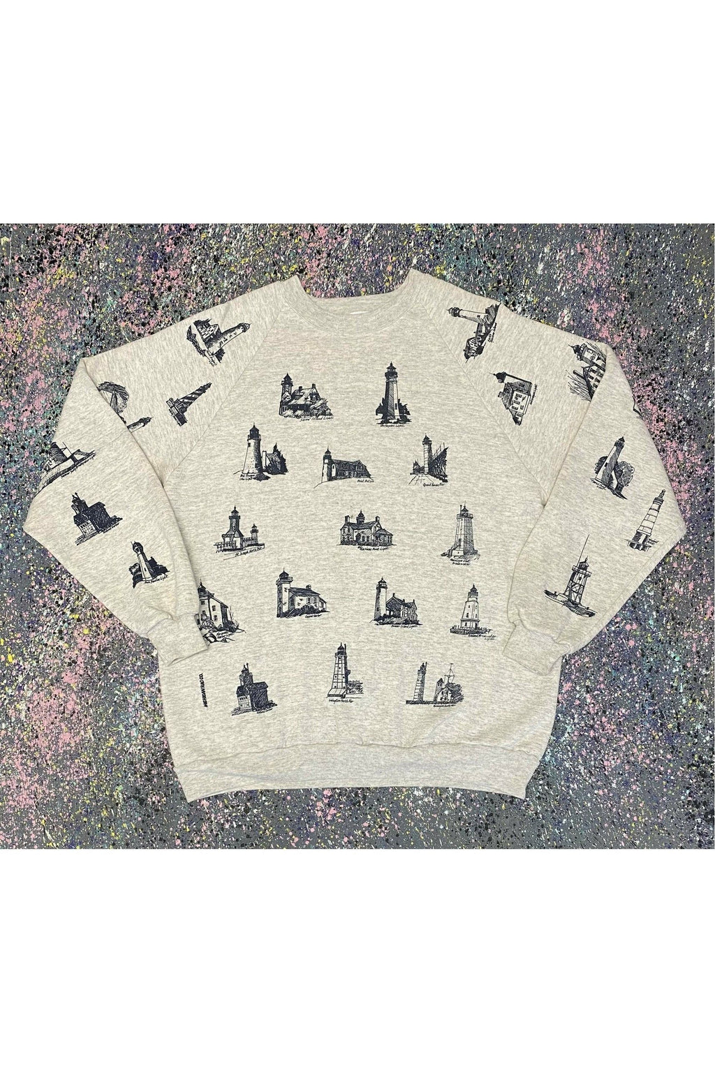 Vintage All Over Print Michigan Lighthouses Crewneck- XXL