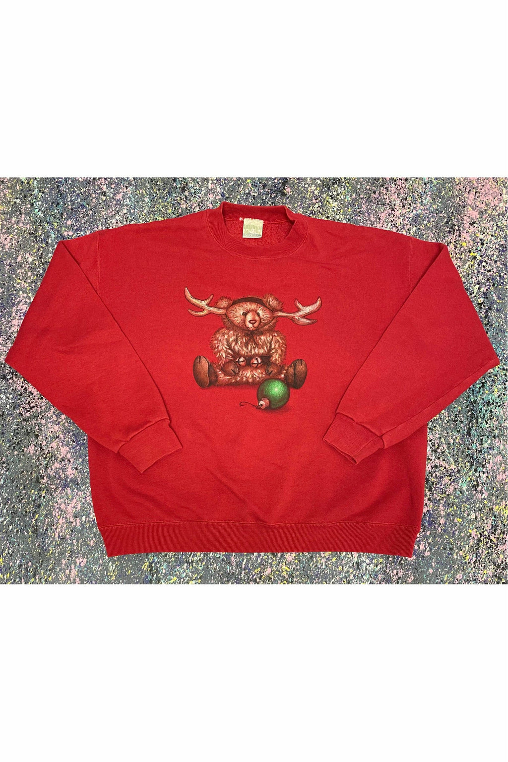 Vintage Green Banana Teddy Bear Antlers Christmas Crewneck- XL